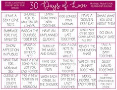 Marriage To Do List, 30 Day Romance Challenge, 30 Days Of Love For Husband, Couples Gift Challenge List, 30 Day Challenge Couples, 30 Day Challenge For Couples, 30 Days Of Love Notes, 30 Day Intimacy Challenge, 30 Days Intimacy Challenge