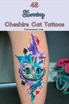 an image of a cat tattoo on the leg with text that reads 48 stunning cheesy cat tattoos