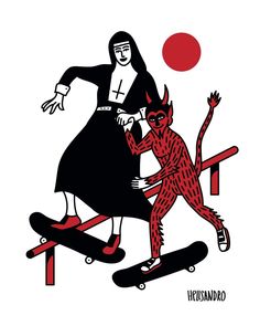 a woman riding a skateboard next to a demon on top of a red object