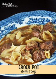 a blue and white plate topped with pasta and meat stew next to a cup of soup