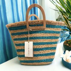 Antik Kraft Turquoise Stripe Jute Tote Bag. 100% Jute. Approx. 14”L X 2”W X 13”H Brand New With Tags. Blue Bucket Bag For Shopping, Blue Bucket Bag With Braided Handles, Blue Bucket Bag With Braided Handles For Shopping, Blue Shoulder Bucket Bag With Braided Handles, Blue Rectangular Bucket Bag For Vacation, Handmade Blue Bucket Beach Bag, Blue Straw Bucket Bag With Braided Handles, Large Capacity Blue Bucket Beach Bag, Blue Summer Bucket Bag