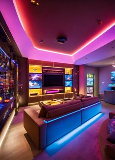 a living room filled with furniture and colorful lights on the ceiling above it's entertainment center