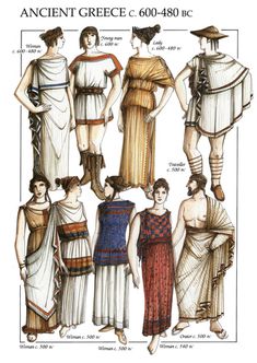 an ancient greek dress pattern from the 1800's, with different styles and colors