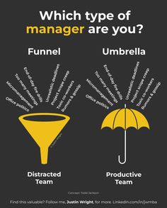 two umbrellas with the words which type of manager are you? and an umbrella