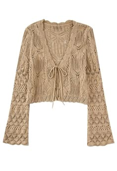 The cardigan is a versatile piece you've been looking for. This cardigan features a cropped length, delicate crochet and flare sleeve silhouette. Plus, the self-tie front detailing was designed to be worn open or tied depending on your mood.         Cropped length   Crochet design   Tie front   Flare sleeves   Not lined   100% Polyester   Hand wash cold        size & fit          CM    IN                            Size          Length          Bust          Waist          Shoulder   Sleeves Openwork Sweater, Led Dress, Fashion Buyer, Crochet Design, Pull & Bear, Indie Design, Cropped Cardigan, Crochet Sweater, Crochet Designs