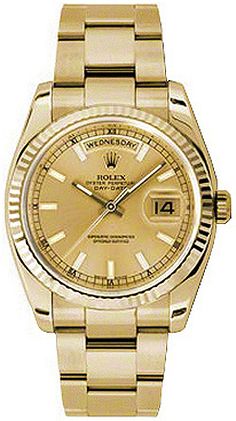 118238 | M118238-0110 ROLEX DAY-DATE MEN'S OR WOMEN'S LUXURY WATCH Store Display Model (What's This?) - Free Overnight Shipping - With Manufacturer Serial Numbers - Swiss Made - Champagne Dial - Solid 18k Yellow Gold Fluted Bezel - Day and Date Features - Self-winding Automatic Chronometer Movement - 6 Year Warranty - Guaranteed Authentic - Certificate of Authenticity - Manufacturer Box & Manual - Solid 18k Yellow Gold Case & Oyster Bracelet - Scratch Resistant Sapphire Crystal - 100 Meters / 330 Feet Waterproof - 36mm = 1 1/3" Case, 6.5" Adjustable Bracelet - Deployment Buckle - Screw Down Crown & Caseback - Free Bracelet Sizing     Also Known As Model # 118238-CHPSFO Gold Rolex, Womens Watches Luxury, Rolex Oyster Perpetual, Luxury Products, Free Bracelet, Rolex Day Date, Oyster Perpetual, Gold Case, Swiss Made