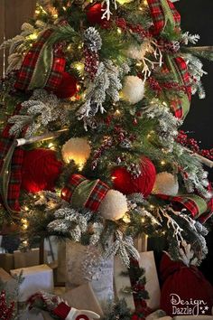 a christmas tree decorated with red, white and green ornaments