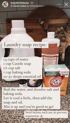 the ingredients to make homemade hand soaps are displayed on a counter top with instructions for how to use them