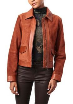 Made with a combination of leather and suede, this trucker-style jacket from Bernardo is enhanced with snap flap pockets for convenient storage. | Bernardo Women's Leather Suede Combo Trucker Jacket, Small Casual Suede Biker Jacket For Work, Suede Leather Jacket With Overlays For Work, Suede Leather Jacket With Lapel Collar For Fall, Leather Biker Jacket With Flap Pockets For Work, Fall Collared Biker Jacket With Flap Pockets, Fitted Suede Leather Jacket With Pockets, Leather Jacket With Suede Overlays, Leather Outerwear With Suede Overlays For Work, Fitted Biker Jacket With Flap Pockets For Fall