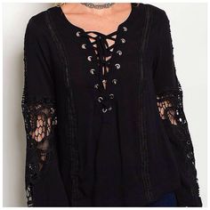 Long Sleeve Lace Up Trim Blouse Top. 100% Rayon. Beautiful Lace Detail On The Front, Back And Sleeves. Womens Blouses Casual, Long Sleeve Cotton Tops, Gothic Shirts, Formal Tops, Lace Sleeve Top, Floral Pullover, Black Lace Blouse, Retro Sweatshirts, Pink Crewneck