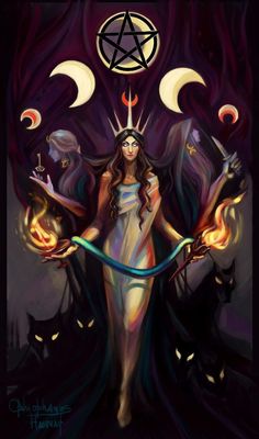 a woman holding two torches in her hands with the moon above her and three cats around her