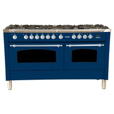 a blue stove top oven with two burners