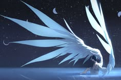 an angel sitting on the ground with its wings spread out and stars in the background