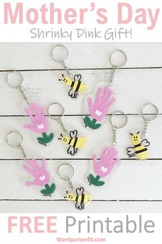 the mother's day shrinky pink gift keychain is shown with flowers and bees