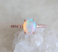 Australian Opal Ring Rose Gold, Simple Opal Engagement Ring – Capucinne Rose Gold Opal Ring, Dream Rings, Dainty Engagement, Australian Opal Ring, Opal Diamond Ring, Opal Engagement Ring, White Opal Ring, Gold Diamond Engagement Rings, Simple Diamonds