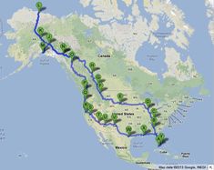 a map shows the route to and from canada, with green dots on each side