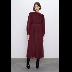 Midi Length Burgundy Midi Dress With Elastic Waist And Self Belt Zara Pleated Dress For Workwear, Zara Pleated Dress For Work, Zara Formal Fall Midi Dress, Zara Midi Dress For Fall, Zara Pleated Midi Dress For Fall, Zara Belted Long Sleeve Midi Dress, Zara Long Sleeve Belted Midi Dress, Zara Belted Midi Dress For Fall, Zara Midi Dress For Date Night In Fall