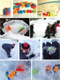 a collage of photos showing various activities in the snow, including playing with toys and building blocks