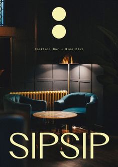 an advertisement for sipsp featuring two blue chairs and a round table in front of a black wall