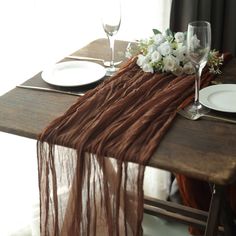 10ft Brown Gauze Cheesecloth Boho Table Runner Brown Runner Table, Wedding Arbor Decor, Gold Votive Candle Holders, Round Table Sizes, Fabric Runner, Arbor Decor, Cheesecloth Table Runner, Gold Plastic Plates, Wedding Arbor