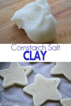 some white clay stars on top of a wooden table with text overlay that reads, how to make constarch salt clay