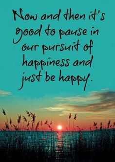 the sun is setting behind some tall grass and there is a quote that says, now and then it's good to pause in our pursuit of happiness and just be happy