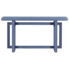 a blue console table with two legs and a shelf on the top, against a white background