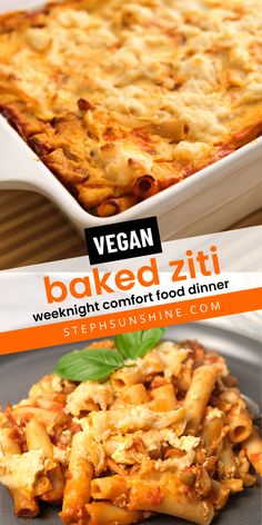 Vegan baked ziti in a casserole dish and on a plate topped with basil leaves, text says, "vegan baked ziti weeknight comfort food dinner." Vegan Ziti, Vegan Baked Ziti, Vegan Casseroles, Vegan Pasta Bake, Nora Cooks, Vegan Picnic, Cheese Noodles, Vegan Italian Recipes, Vegan Pasta Dish