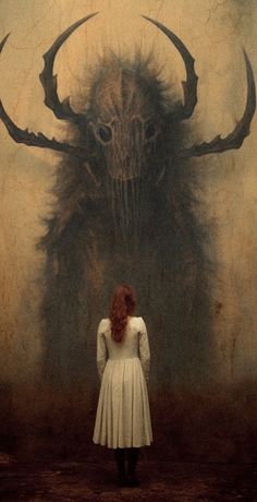 a woman standing in front of a giant demon