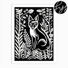 a black and white drawing of a fox surrounded by plants