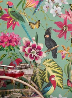 a wallpaper with birds and flowers on it