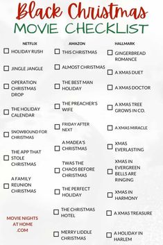 a christmas movie checklist with the words black christmas movies list in red and green