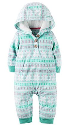 Carters Girls Fleece Hooded Two Pocket Bodysuit Romper 3M Fair Isle Aqua Print * Continue to the product at the image link.(It is Amazon affiliate link) #f4f Baby Turquoise, Carters Girl, Girls Fleece, Baby Romper, Fair Isle