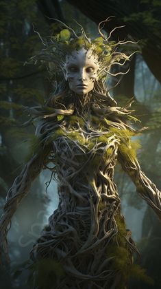 a woman with long hair and vines on her body is standing in the middle of a forest