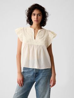 Soft crinkle gauze cotton cropped shirt.  V-neck.  Short flutter sleeves.  Embroidery at top and sleeves.  * Fit: Relaxed.  A straight & easy fit.  * Style Note: For a more Classic fit, go down one Sleeves Embroidery, Cotton Shirts Women, Fall Mood, Weather Outfits, Uniform Dress, Cross Section, Cropped Shirt, Summer Color, Cotton Shirts