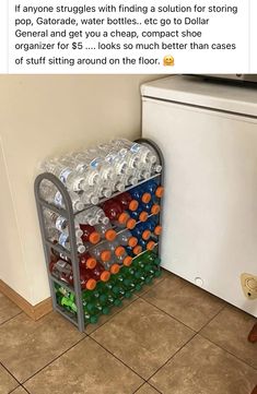 a stack of plastic bottles sitting on top of a tiled floor