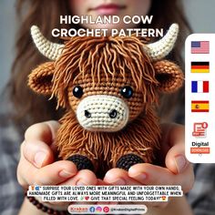 a crocheted highland cow is shown in front of a woman's face