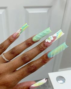 3xl Nail Designs, Green Vacation Nails, Vacation Nails Long, Long Acrylic Nail Designs, Hard Nails, Drip Nails, Glow Nails, French Acrylic Nails, Dope Nail Designs