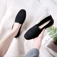 Women's Casual Shoes Knitting Fabric Breathable Flats. Occasion: Casual Flats Type: Loafers Season: Spring/Autumn Upper Material: Stretch Fabric Toe Shape: Round Toe Style: LEISURE Outsole Material: Rubber Closure Type: Slip-On Insole Material: PU Fashion Element: Shallow Pattern Type: Solid Lining Material: PU Black Slip-on Flats For Spring, Comfortable Black Flats With Rubber Sole, Black Slip-on Flats, Comfortable Black Flats With Round Toe, Black Comfortable Flats With Round Toe, Black Flats With Round Toe, Comfortable Black Closed Toe Flats, Comfortable Black Flats With Textured Sole, Black Casual Slip-on Flats