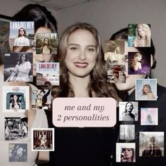 a woman standing in front of a collage of photos with the words me and my 2 personalitys