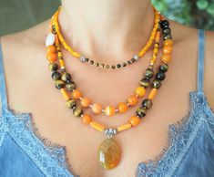 Boho layered necklace, natural stone jewelry Orange Necklaces, Multistrand Necklaces, Joy And Peace, Dangle Necklace, Orange Agate, Natural Stones Necklace, Hippie Necklace, Dangle Necklaces, Natural Stone Jewelry