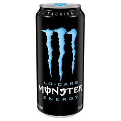 a can of monster energy drink with blue and white lettering on the side, in front of a black background