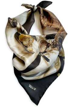 Add a dash of sophistication to your look with our silk scarves. Hand-rolled from the finest-grade silk twill, this luxurious scarf is an exquisite way to add a touch of elegance to any ensemble. Perfect for adding a little extra warmth on a crisp day, it's sure to be an eye-catching addition to your wardrobe. 100% silk 25" by 25" Hand-rolled hems ​Hand wash cold; Do not bleach; Line dry; Cool iron on reverse side; Do not dry clean; Do not iron decoration Imported Still Life with a Gilt Cup: Wil Elegant Silk Scarves With Satin Finish, Designer Silk Scarves For Formal Occasions, Classic Silk Scarf As A Gift, Classic Satin Scarves As Gift, Elegant Silk Mark Certified Silk Scarf, Elegant Silk Satin Scarf As Gift, Elegant Satin Silk Scarf For Gift, Elegant Satin Silk Scarf As A Gift, Elegant Satin Scarf For Gift