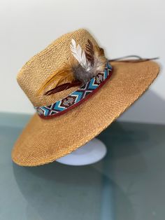 Straw hat  Feathers Handmade Bohemian Straw Hat For Western-themed Events, Bohemian Brown Hats With Feather Trim, Bohemian Hat Band With Feather Trim, Handmade Fedora Straw Hat For Western-themed Events, Western-themed Fedora With Feathers, Hat Feathers, Hat Fedora, Clarksville Tn, Boho Feathers