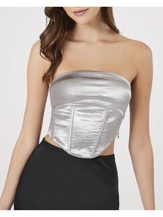 A satin tube top featuring a bustier design, straight-cut neckline and back, smocked back panel, boning, and a cropped curved hem.Satin Cropped Bustier Tube Top Grey         Women Clothing, size features are:Bust: ,Length: ,Sleeve Length: Trendy Party Corset With Built-in Bra, Trendy Party Crop Top Corset, Trendy Crop Top Party Corset, Trendy Crop Top Corset For Party, Trendy Cropped Corset For Party, Crop Top Corset With Corset Back For Party, Fitted Crop Top With Boned Bodice For Party, Fitted Boned Bodice Crop Top For Party, Party Cropped Corset With Boned Bodice