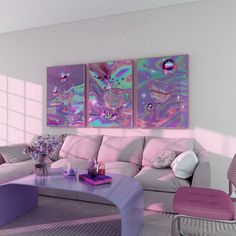 a living room with three paintings on the wall and two couches in front of it