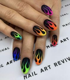 Lgbt Nail Art, Flame Nails, Flame Nail Art, Neon Nail Art, Colorful Nail, Rainbow Nails, Neon Nails, Fire Nails