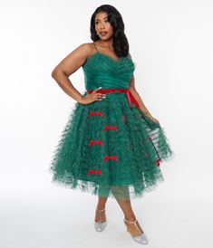 Vintage Christmas Dress | Party Dresses | Night Out Outfits 1950s Cocktail Dress, Red Flare, Green Tulle, Cupcake Dress, Vintage Plus Size