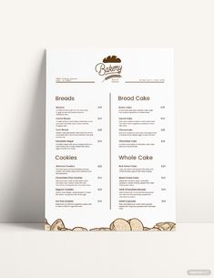 the bakery menu is displayed on a table