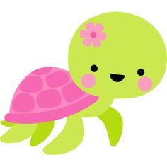 a green turtle with a pink flower on its head